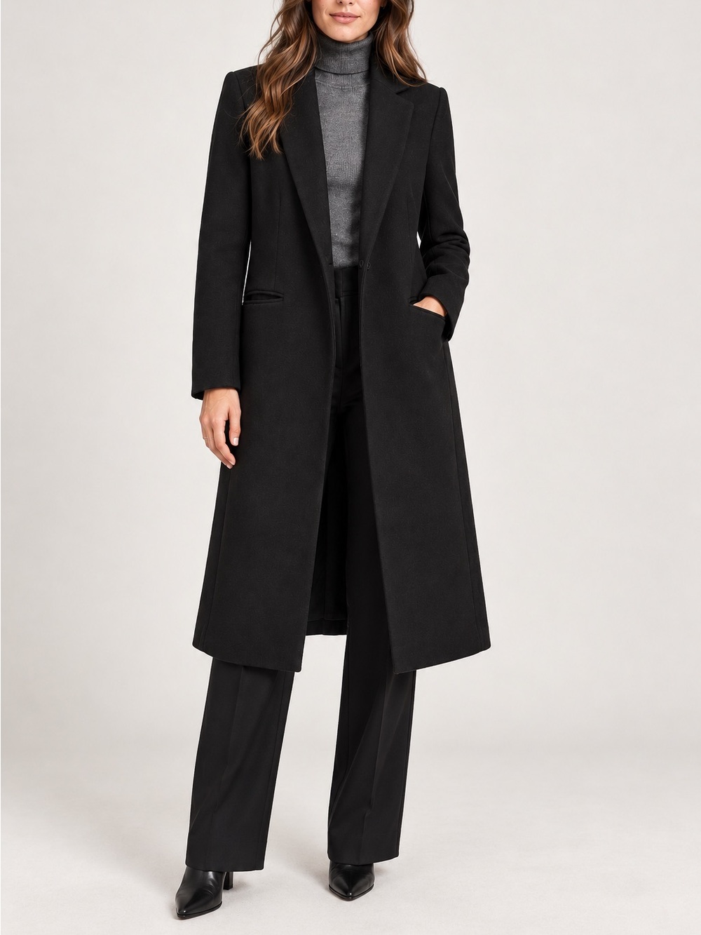All Saints Eryn Black Wool Silk Tailored Long Coat US 4 UK 8